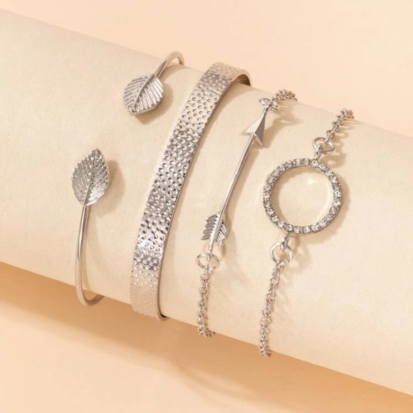 4 pcs Arrow and Circle Rhinestone Bracelet Set Silver Plated Bangle - Picture 5 of 7